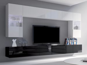 Moderne Wohnwand CALABRINI-1 Wohnzimmer-Set Hängewohnwand Schrankwand mit LED-Beleuchtung Hochglanz TV-Schrank Anbauwand (Weiß + Schwarz)