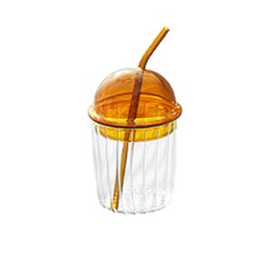 Sklenice na ledovou kávu s brčkem a víčkem Ripple Glass - široké sklenice na ledový čaj, nápoje se smetanou, mléčné koktejly, koktejl, žlutá, 460 ml