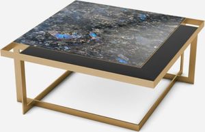 Casa Padrino Luxus Couchtisch Messingfarben / Blau-Schwarz / Schwarz 93 x 93 x H. 40 cm - Moderner quadratischer Wohnzimmertisch mit Granitplatte & Glasplatte - Luxus Wohnzimmer Möbel