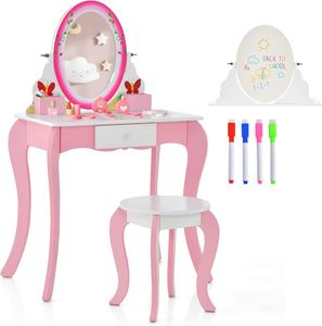 2 in 1 Kinder Schminktisch mit 360° drehbarem und Abnehmbarer Spiegel, Prinzessin Frisiertisch mit Schublade aus Holz, Kosmetiktisch Kinderschminktisch für Mädchen (Rosa-Schmetterling)