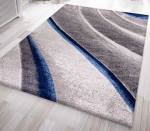 Designer Teppich Modern Abstrakt Wellen Optik Konturenschnitt versch. Farbvarianten, Farbe:Blau, Maße:200x290 cm