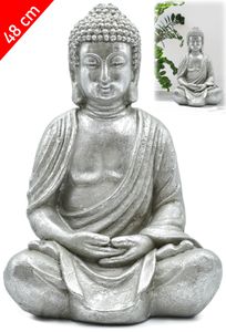 Buddha Figur sitzend 48cm groß, Dekofigur für Wohnzimmer und Bad, Buddhafigur meditierend, Feng Shui, Deko Skulptur, Statue, Silber