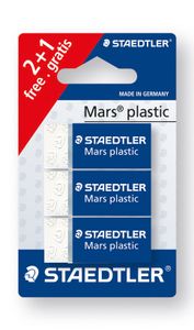 STAEDTLER Radierer Mars plastic, Phtalat- und latexfrei, geringe Krümelbildung, weiß, , geringe Abnutung, 2 Stück und 1 Stück gratis, 526 53 ABK3D
