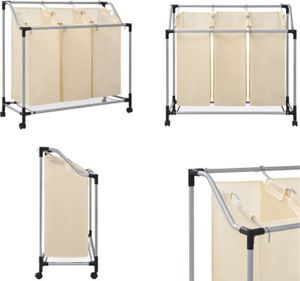 vidaXL Wäschekorb mit 3 Taschen Creme Stahl - Wäschesortierer - Wäschesortierbeutel - Wäschekörbe - Wäschekorb