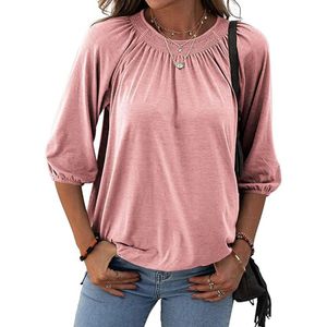 Damen T-Shirt 3/4 Ärmel Rundhal Oberteile Tunika Casual Plissee Pullover Tops Herbst Rosa,Größe XL