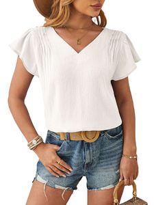 Damen Blusen Kurzarm Oberteile V Ausschnitt Bluse Elegant Leichte Tuniken Sweatshirts Weiß,Größe XXL