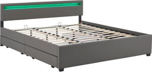 Juskys Polsterbett Lyon 180 x 200 cm mit Bettkasten, LED Beleuchtung, Lattenrost & Matratze - Kunstleder & Holz – Bett Bettgestell Doppelbett grau