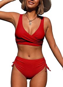 ASKSA Damen Bikini Set Crossover Back Badeanzüge Bademode Kordelzug Side Strandmode Badeanzug, Rot, L