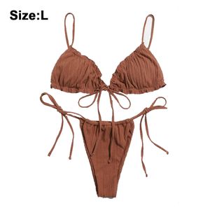 Damen y Cutout One-Shoulder-Bikini, ohne Bügel, gepolsterte Bademode, frecher Tanga, brasilianischer Badeanzug,L,brown