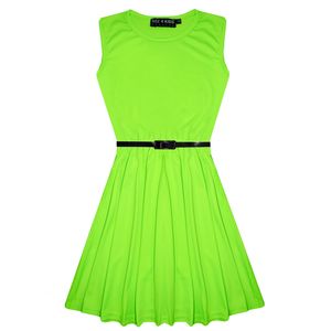 Kinder Mädchen Party Mode Schlicht Neon Grün Skater Kleid Mit Gurt 140