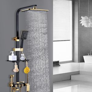 Duschsystem mit Regendusche Handbrause Duschset Dusche Kopfbrause Duscharmatur (schwarz+gold)