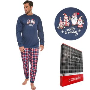 Zweiteiliger Herren Winter Schlafanzug Set mit Gnom Print - Weihnachten Pyjama Nachtwäsche in Blau/Rot - Größe L