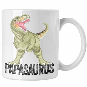 Trendation - Papasaurus Tasse Geschenk für Vater Papa Vatertag Lustiges Geschenk Dinosaurier  (Weiß)