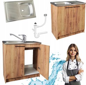 Stamar | Küchenschrank, mit Spüle, 80 cm, Eiche Gold, mit Armatur und Siphon