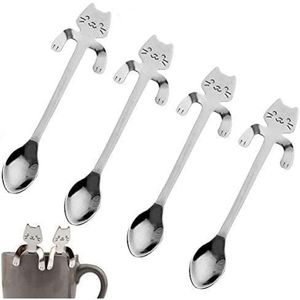4 Stück 304 Edelstahl Katze Kaffeelöffel, Katze hängendes Design Teelöffel Dessertlöffel, verwendet für Wasser Tee Milch Kaffee Dessert Getränkeutensilien zum Mischen von Milchshakes