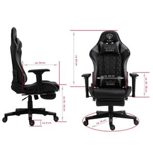 Gaming Stuhl im Racing Design in Lederoptik Bürostuhl mit flexiblen Armlehnen ergonomischer Schreibtischstuhl mit verstellbarem Rückenstützkissen, Nackenkissen und Fußstütze, Farbe:Schwarz