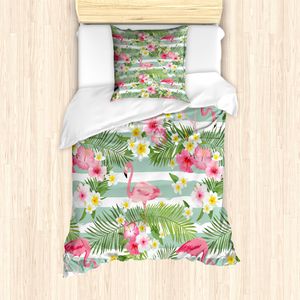ABAKUHAUS Flamingo Mantele, Exotische Hawaii-Blatt, Milbensicher Allergiker geeignet mit Kissenbezügen, 135 cm x 200 cm - 80 x 80 cm, Grün, Rosa, Weiß