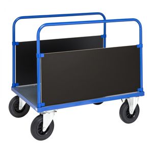 Kongamek Plattformwagen in blau 1200x800x900mm mit verzinkter Ladefläche und 2 stirnseitigen Wänden mit Gummibereifung und Bremse