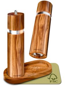 Salz und Pfeffermühle aus Akazienholz mit Untersetzer - NachhaltigesHolz - Langlebiges Keramikmahlwerk - Plastikfrei