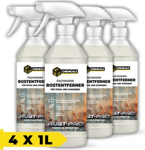 MRM CHEMICALS Rostentferner für Metall, Stahl und Gusseisen Spray 1L Rostlöser für Auto Karosserie Fahhrad Kette Haus Garten, Korrosionsschutzspray x4
