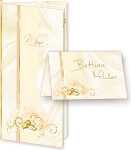 Menükarten Hochzeit PERLMUTT (8 inkl. 32 Tischkarten) - hinreissendes Set mit Klappkarten, Einlegeblätter zum Selbstbedrucken + Goldbänder und inkl. passender Tischkärtchen zum selbst Beschriften