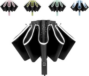 Windabweisender Reiseschirm: Kompaktes, umgekehrtes (Invertiertes) Design mit reflektierendem Streifen für Sonnen- und Regenschutz für Frauen und Männer, Schwarz
