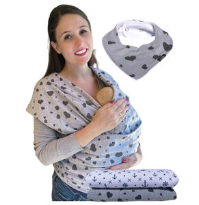 HECKBO Babytragetuch grau mit schwarzen Herzen – inkl. GRATIS Baby-Lätzchen & Tasche - extra groß: 520 x 60 cm - hochwertiges & elastisches Baby Tragetuch Wickeltuch für Neugeborene & Babys bis 15 kg