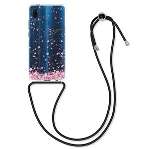 kwmobile Necklace Case kompatibel mit Huawei P20 Lite Hülle - Silikon Cover mit Handykette - Rosa Dunkelbraun Transparent Kirschblütenblätter