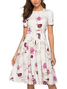 Damen Kurzarm Boho Floral A-Linie Kleid Sommer Vintage Partykleider,Farbe: Weiß,Größe:S