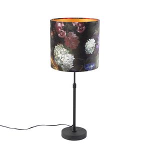 QAZQA - Klassisch I Antik Tischlampe schwarz mit Veloursschirm Blumen mit Gold I Messing 25 cm - Parte I Wohnzimmer I Schlafzimmer I Nachttischleuchte - Textil Zylinder I Länglich I Rund - LED geeigne