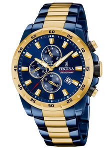 Festina F20564/1 Herren-Uhr Chronograph Sport Quarz Blau Gold Edelstahl-Armband