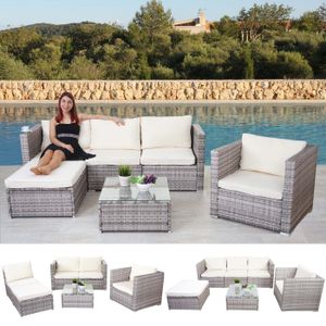 Poly-Rattan-Garnitur Brescia, Gartengarnitur Sitzgruppe Sofa Lounge-Set  grau, Kissen creme