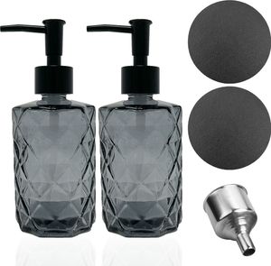 2er Set Glas Seifenspender Schwarz 330ml Pumpspender inkl. 2x Untersetzer, 1x Trichter