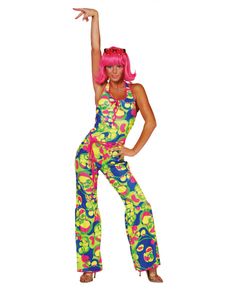 70er Jahre Damen Kostüm Catsuit neon Karneval Fasching Gr.44