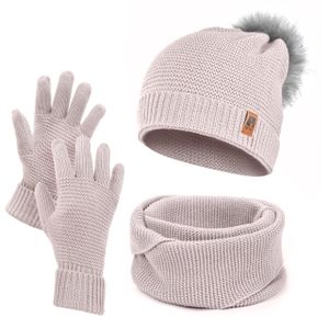 Damen Wintermütze Schlauchschal Handschuhe Set Winter Gestrickte Warme Mütze Schal Winterhandschuhe Rosa