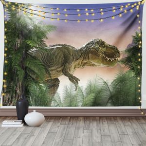 ABAKUHAUS Jurassic Wandteppich, Dinosaurier im Dschungel, Wohnzimmer Schlafzimmer Heim Seidiges Satin Wandteppich, 200 x 150 cm, Pfirsich Grün Blau