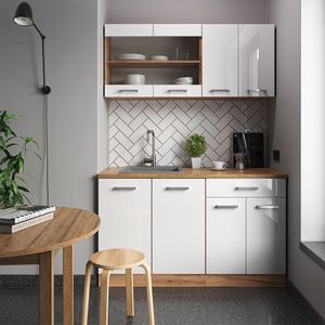 Kuchyňa Livinity® R-Line single, 140 cm bez pracovnej dosky, biely vysoký lesk/zlatý dub