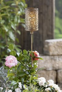 Gartenstecker "Ornament" aus Metall in gold / braun mit Windlichtglas, 100 cm hoch, Dekostecker, Kerzenhalter, Gartendeko für Draußen