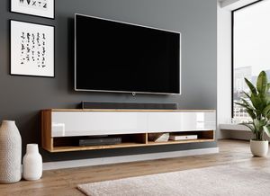FURNIX TV Schrank ALYX  Lowboard Design 180 cm ohne LED Eiche Wotan  -Glanz Weiß