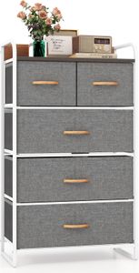Komoda COSTWAY z 5 szufladami z tkaniny, szafka z szufladami z metalową ramą i drewnianą powierzchnią, szafka do przechowywania 58x30x100cm szara