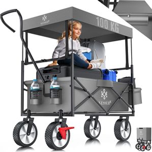 KESSER® Bollerwagen faltbar mit Dach Handwagen Transportkarre Gerätewagen | inkl. 2 Netztaschen und Einer Außentasche | klappbar | Vollgummi-Reifen | bis 100 kg Tragkraft | Mit Vorderrad-Bremse