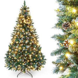 Yorbay 150CM künstlicher Weihnachtsbaum mit Beleuchtung und weißem Schnee, LED Tannenbaum für Weihnachten-Dekoration mit echten Tannenzapfen, Feuerbeständig