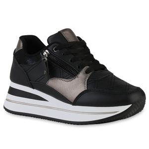 VAN HILL Damen Sneaker Schnürer Metallic Zipper Profil-Sohle Schuhe 840878, Farbe: Schwarz Bronze Metallic, Größe: 36