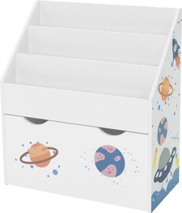 Joyz Bücherregal Weltraum, 62,5x30x70 cm, Weiß, Kinderregal mit 3 Fächern und herausziehbarer Spielzeugkiste mit Rollen, Aufbewahrungstruhe Spielzeug-Organizer für Kinderzimmer