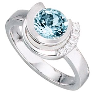 JOBO Damen Ring 585 Gold Weißgold 5 Diamanten Brillanten 1 Aquamarin blau Größe 60