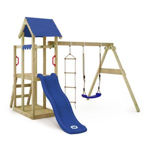WICKEY hrací věž s prolézačkou TinyPlace s houpačkou a skluzavkou, lezeckou věží s pískovištěm, žebříkem a hracími doplňky - modrá barva