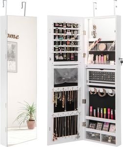 Schmuckschrank mit 2 Spiegel, Spiegelschrank mit 3-farbigen LED-Lichtern & Schloss, Schmuckorganizer für Ohrringe & Armband & Kette & Ringe & Kosmetik, Wand-/Türmontage (Weiss)