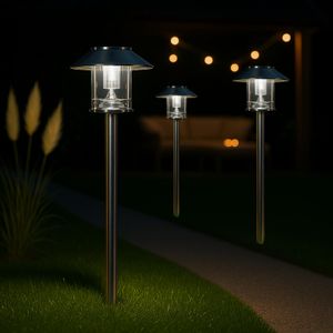 MeLiTec LED-Solar-Gartenlampe 3er-Set, Outdoor-Solarleuchte, Außenbeleuchtung, Solar-Wegebeleuchtung bis zu 8 Stunden Leuchtdauer, aus Edelstahl, SO26