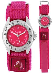 Pacific Time Kinder Armbanduhr für Mädchen Pferde Motiv Klettarmband rosa 21653