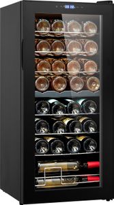 VEVOR Weinkühlschrank Getränkekühlschrank mit doppelter Zonen 32 Flaschen, LED-Kühlschrank mit Kunststofftür, Getränkekühlschränke Freistehend, Mini Kühlschrank Minibar mit UV-Schutz, 5-18 °C